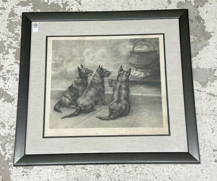 Large early MAUD EARL pencil signed SCOTTISH TERRIERS print, nicely framed and matted. Some foxing: Large early MAUD EARL pencil signed SCOTTISH TERRIERS print, nicely framed and matted. Some foxing mostly on white borders. Print measures 19" x 22", the frame measures 29" x 31.5". From the estate of