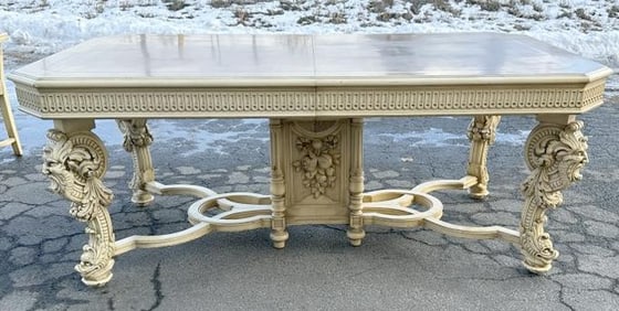 Circa 1910 Italian heavily carved dining room table with inlaid top & (2) leaves, plus (6) heavily