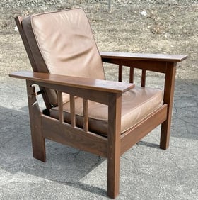 Contemporary Mission Oak Morris Chair, nice cushions, nice finish and patina, structurally sound.