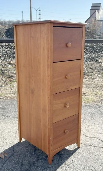 POMPANOOSUC MILLS custom made cherry (4) drawer file cabinet, in very nice condition, structurally: POMPANOOSUC MILLS custom made cherry (4) drawer file cabinet, in very nice condition, structurally sound. From fine home of custom furniture, in the Hudson Valley. Measures 55" high x 20.5" wide x 23"