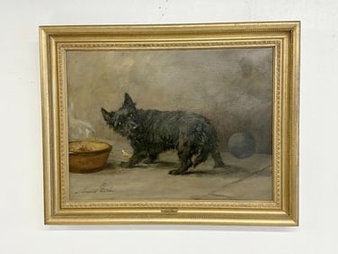 Maud Earl (1864 - 1943) o/c ( SCOTTISH TERRIER ) by food bowl and blue rubber ball bouncing behind,