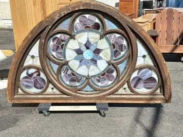 Wonderful Victorian era large decorative stained glass leaded window in original frame. Found in