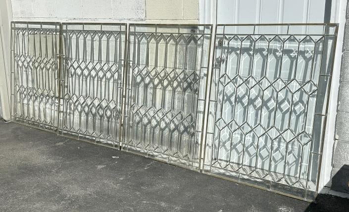 (4) nice leaded glass windows, no frames, wonderful design, in brass & leaded frames, found in: (4) nice leaded glass windows, no frames, wonderful design, in brass & leaded frames, found in Hudson Valley estate. Really nice group….all matching….they all measure 48" high x 36" wide. Wonderfu