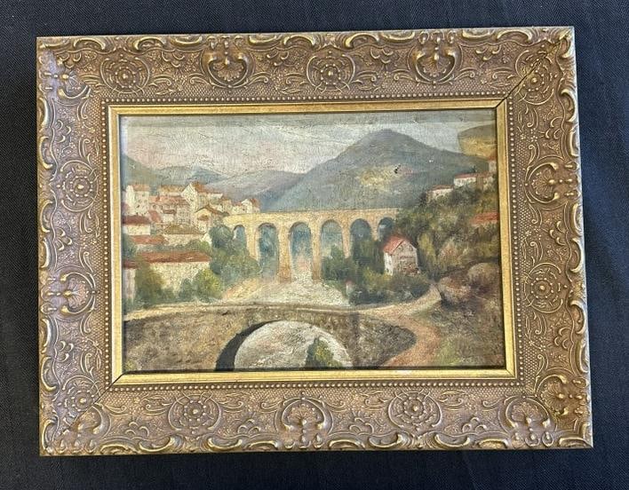 Circa 1900 o/c landscape with bridge and city view with Mountains in background ( signed illegibly: Circa 1900 o/c landscape with bridge and city view with Mountains in background ( signed illegibly lower right, looks like it is dated 1903? ), small tear in canvas, painting measures 7.5" x 10.5", th