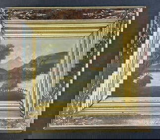 19th c o/b landscape with castle and mountains in background, and water with boats in foreground,