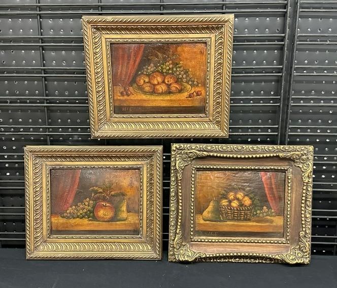 (3) primitive o/b fruit still life's, all initialed ( H E ), in older frames, from estate in Hyde: (3) primitive o/b fruit still life's, all initialed ( H E ), in older frames, from estate in Hyde Park, N.Y. we are selling. The paintings measure 7.5" x 9.5", the frames are approx. 12" x 14". Nice o
