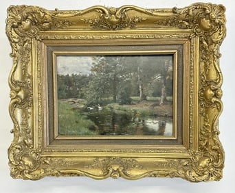 19th c o/wood panel landscape with geese swimming in stream in foreground, signed illegibly in lower