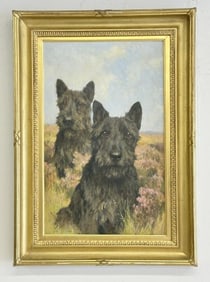 Arthur Wardle (1864 - 1949) o/c (2) SCOTTISH TERRIERS, sitting in field of flowers, signed lower