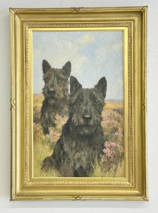 Arthur Wardle (1864 - 1949) o/c (2) SCOTTISH TERRIERS, sitting in field of flowers, signed lower: Arthur Wardle (1864 - 1949) o/c (2) SCOTTISH TERRIERS, sitting in field of flowers, signed lower left, in nice gilt period frame, very nice condition. Has Gallery label on back from ( Hamshere Gallery