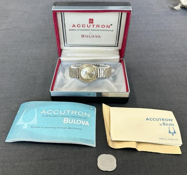BULOVA vintage ACCUTRON wrist watch in original box with booklet, from local estate, not running,: BULOVA vintage ACCUTRON wrist watch in original box with booklet, from local estate, not running, just as we found it.