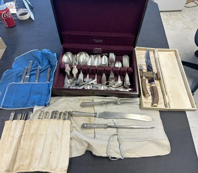 Misc. estate lot silver plated flatware, (3) large serving utensils with sterling handles, and: Misc. estate lot silver plated flatware, (3) large serving utensils with sterling handles, and flatware box of misc. silver plated utensils, some matching, some not. Good lot for a dealer to sort out.