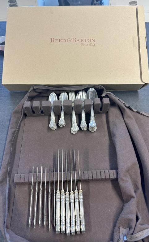 REED & BARTON ( STERLING SILVER ) flatware set, in original holder with original mailing box.: REED & BARTON ( STERLING SILVER ) flatware set, in original holder with original mailing box. Includes (5) dinner forks, (6) dessert forks, (6) knives, (6) butter knives, (6) table spoons , and (12) t
