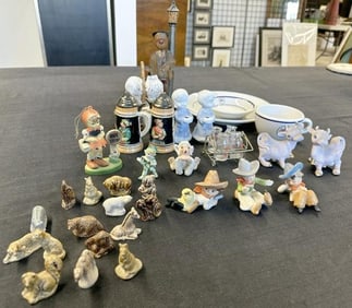 Misc. estate lot of collectibles, (3) Hummel cowboys with insects, salt & pepper shakers, (3) MOBIL