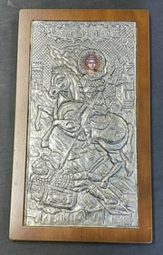 Saint George ICON in sterling fancy frame, mounted on wood, total frame measures 18" x 10.5", nice