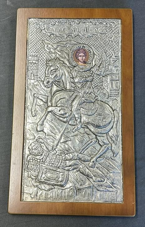 Saint George ICON in sterling fancy frame, mounted on wood, total frame measures 18" x 10.5", nice: Saint George ICON in sterling fancy frame, mounted on wood, total frame measures 18" x 10.5", nice estate condition, from estate collection we are selling.