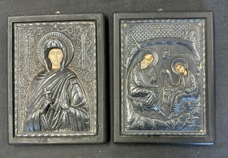 (2) Byzantine Icons with (950) silver frames, from estate collection we are selling. Both in nice: (2) Byzantine Icons with (950) silver frames, from estate collection we are selling. Both in nice condition, hallmarked 950, and they measure 9.5" x 7".