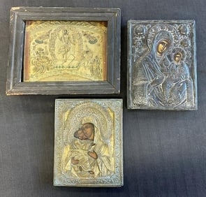 (3) Icons with metal frames ( one is silver ), from local estate collection we are selling. To show