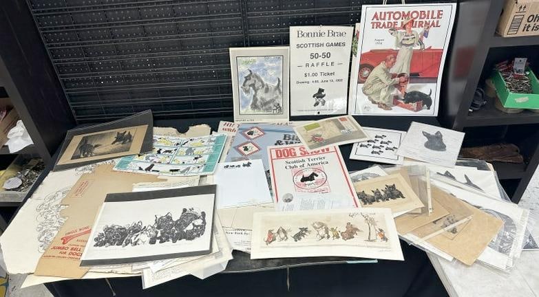 Large artwork etc. SCOTTISH TERRIER portfolio, lots of unframed Artist signed Scottish Terrier: Large artwork etc. SCOTTISH TERRIER portfolio, lots of unframed Artist signed Scottish Terrier prints, signs, posters, advertisements, some of the larger ones with rips. Great lot to sort out, many si