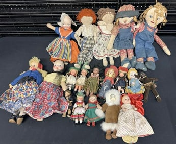 (2) boxes vintage dolls found in local estate, includes celluloid, a key wind, foreign, some as is