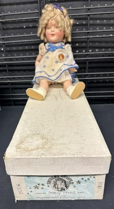 IDEAL original SHIRLEY TEMPLE composition doll in original box, with pin back button. Has light face: IDEAL original SHIRLEY TEMPLE composition doll in original box, with pin back button. Has light face crazing, in original clothes, measures 15" tall, found in local estate.