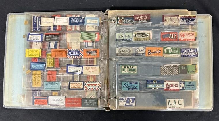 Album of approx. (600) vintage razor blades in advertising sleeves. From local estate collection.: Album of approx. (600) vintage razor blades in advertising sleeves. From local estate collection.