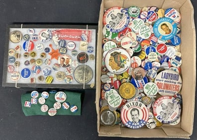 Collection of estate Political Buttons, just as we found them, and some related in there, great lot