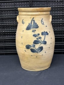 Rare 6 gallon decorated stoneware crock with flowers, possibly made by ( J. SWANK ? ), found in