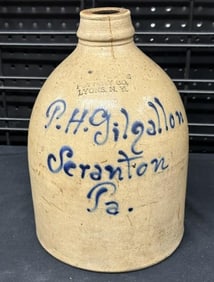 Nice decorated stoneware jug ( P H GILGALLON SCRANTON, PA. ), name illegible ( ?????? POTTERY CO.