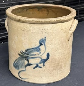 REIDINGER & CAIRE POUGHKEEPSIE NY stoneware crock with bird (2 gallon ), a few rim chips, found in