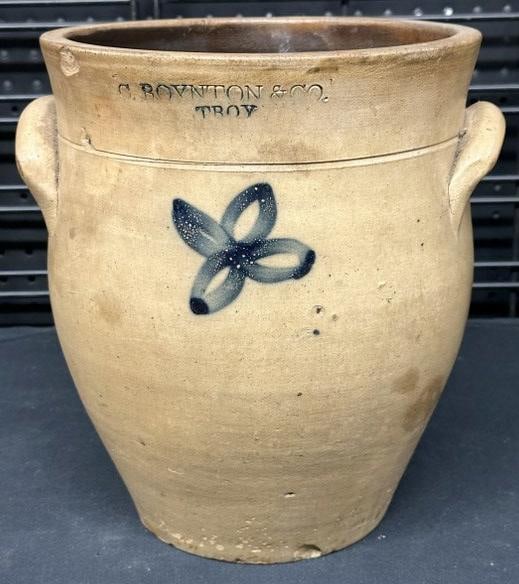 C BOVINGTON & CO. TROY NY decorated stoneware crock, found in stone house in Hudson Valley. Has (8"): C BOVINGTON & CO. TROY NY decorated stoneware crock, found in stone house in Hudson Valley. Has (8") crack in back and lower body chip and rim chip, just as we found it. Measures11" high.