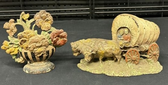 (2) early cast iron painted doorstops, from stone house in Hudson Valley. They are a boquet of