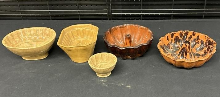 (5) early molds from stone house in Hudson Valley. Includes (2) redware and (3) yelloware, all: (5) early molds from stone house in Hudson Valley. Includes (2) redware and (3) yelloware, all solid, a hairline on small yelloware mold, and flake off inside on one corn mold. Just as we found them,