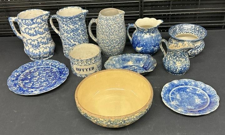 (11) pcs. Decorated ceramic spatterware from stone house in Hudson Valley, nice overall condition,: (11) pcs. Decorated ceramic spatterware from stone house in Hudson Valley, nice overall condition, includes (4) pitchers, spitoon, large bowl, 2 plates, butter dish and a bowl. To show scale the talle