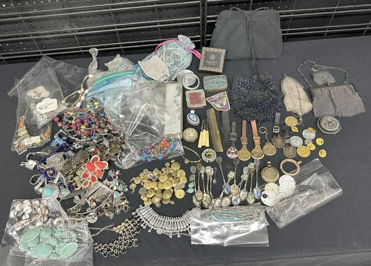 Big estate lot misc. costume jewelry, old watch fobs, some watch parts, spoons, mesh bags,: Big estate lot misc. costume jewelry, old watch fobs, some watch parts, spoons, mesh bags, necklaces, parts, Military brass buttons, and more, great lot for a deasler to repurpose or sort out. Found i