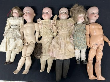 (6) as found bisque head older dolls in stone house in Hudson Valley, some in better condition than