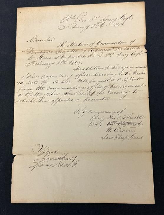 Handwritten Civil War document or Circular from Brig. General Sickles, dated February 25th, 1863.: Handwritten Civil War document or Circular from Brig. General Sickles, dated February 25th, 1863. There other Soldiers signatures as pictured. Letter passed down through generations, till now.