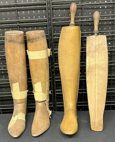 Antique wooden boot stretchers,& pair black leather riding boots