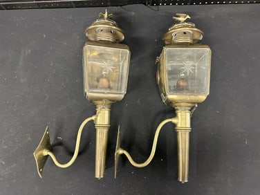 Pair decorative brass wall sconces, wicks still intact, etched design on glass panels, nice estate