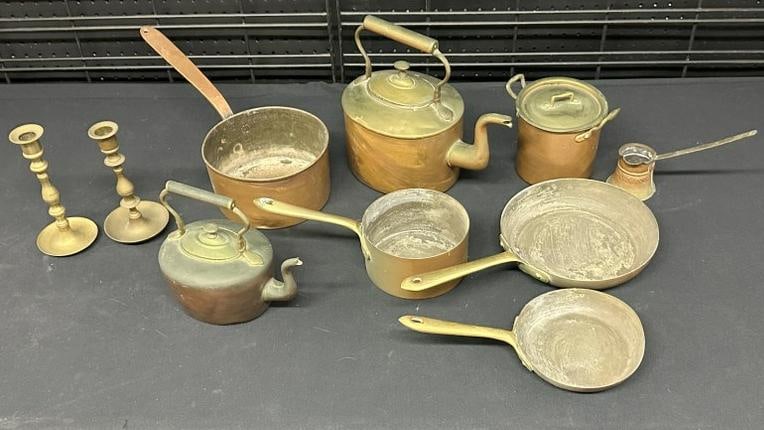 Estate lot older brass and copper pots, pans, teapots, candlesticks, just as we found them in Hudson: Estate lot older brass and copper pots, pans, teapots, candlesticks, just as we found them in Hudson Valley estate.