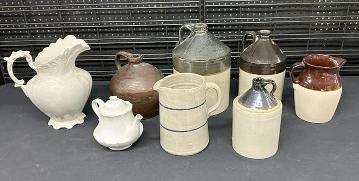 Estate lot stoneware jugs, 2 pieces of ironstone…from local estate basement, nice overall: Estate lot stoneware jugs, 2 pieces of ironstone…from local estate basement, nice overall condition, just as we found it.