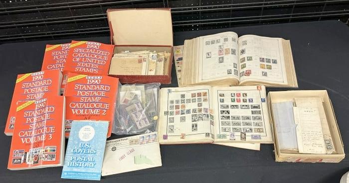 Estate lot loose stamps, some in albums, stamp catalogs, a little ephemera, letters, postage marks,: Estate lot loose stamps, some in albums, stamp catalogs, a little ephemera, letters, postage marks, etc. Found this way in local estate. Just as we found it, good lot to sort out….