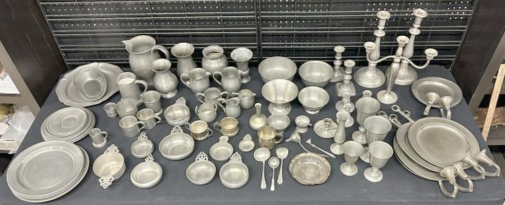 Large estate lot vintage PEWTER, a few silver plate pieces, and a sterling silver cup, all from: Large estate lot vintage PEWTER, a few silver plate pieces, and a sterling silver cup, all from Hudson Valley estate, wall sconces, candlesticks, pitchers, plates, bowls, porridgers, bowls, etc. A lot
