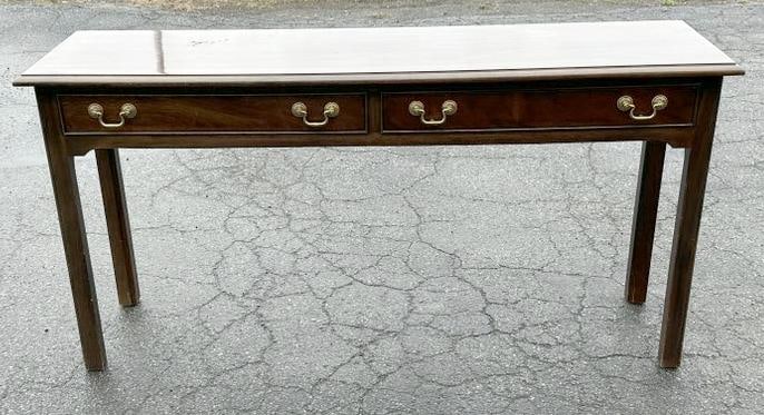 Contemporary STICKLEY mahogany console table, structurally sound, some wear to top, measures 26.5": Contemporary STICKLEY mahogany console table, structurally sound, some wear to top, measures 26.5" high x 53.25" wide x 15.25" deep. From local Hudson Valley estate.