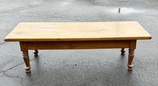 Contemporary pine coffee table, some wear to top finish, structurally sound. Might look good