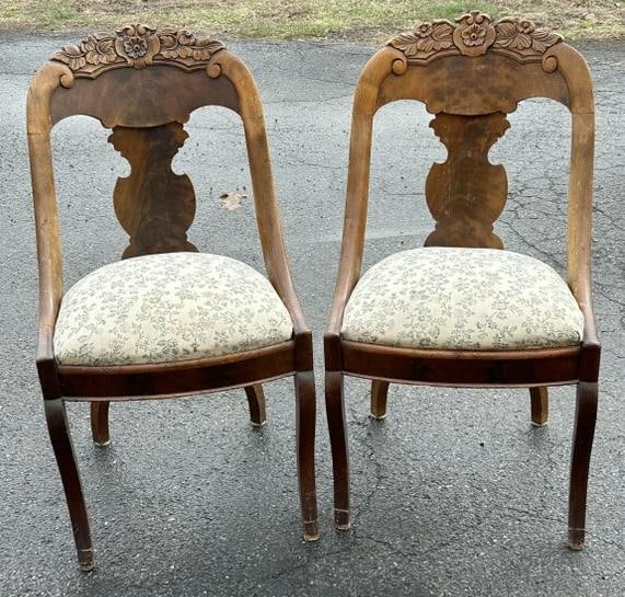 Pair Empire mahogany side chairs, wear to finish, structurally sound, just as we found them in local: Pair Empire mahogany side chairs, wear to finish, structurally sound, just as we found them in local estate.