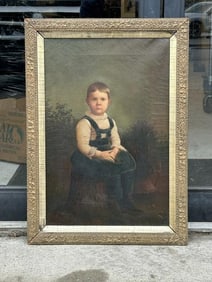 Wonderful 19th c o/c portrait of young child, unsigned, nice estate condition. Has trees and flowers