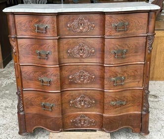 Nice mahogany serpentine drawers marble top dresser, structurally sound, missing one brass handle