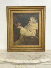Circa 1900 o/b Monk holding bottle of wine, signed ( FERRATO ), nice overall estate condition. From