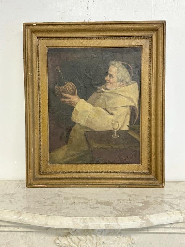 Circa 1900 o/b Monk holding bottle of wine, signed ( FERRATO ), nice overall estate condition. From: Circa 1900 o/b Monk holding bottle of wine, signed ( FERRATO ), nice overall estate condition. From estate in Hudson Valley. Painting measures 20" x 16", the frame measures 27" x 23".