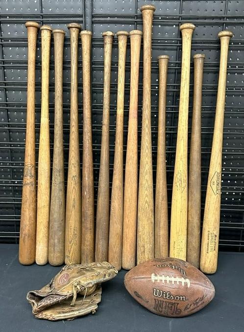Vintage estate sports lot to include (13) bats, a few are softball, plus football and Rawlings: Vintage estate sports lot to include (13) bats, a few are softball, plus football and Rawlings Reggie jackson glove, found in old Hudson Valley estate, just as we found them.